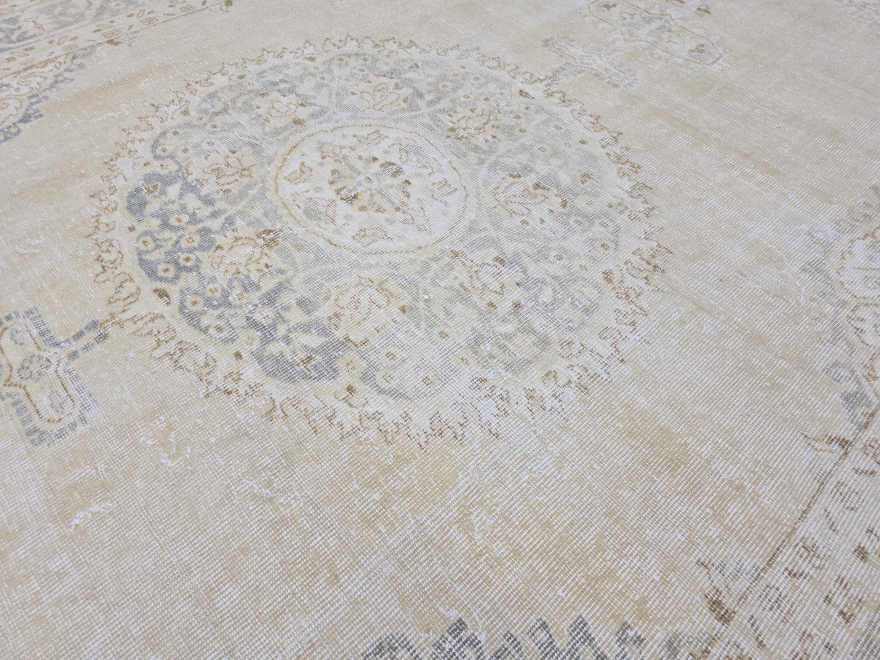 Oushak Rug 7x10, Beige Medallion Antique Turkish Carpet, Faded Muted Handknotted Wool Rug for Living Room Office