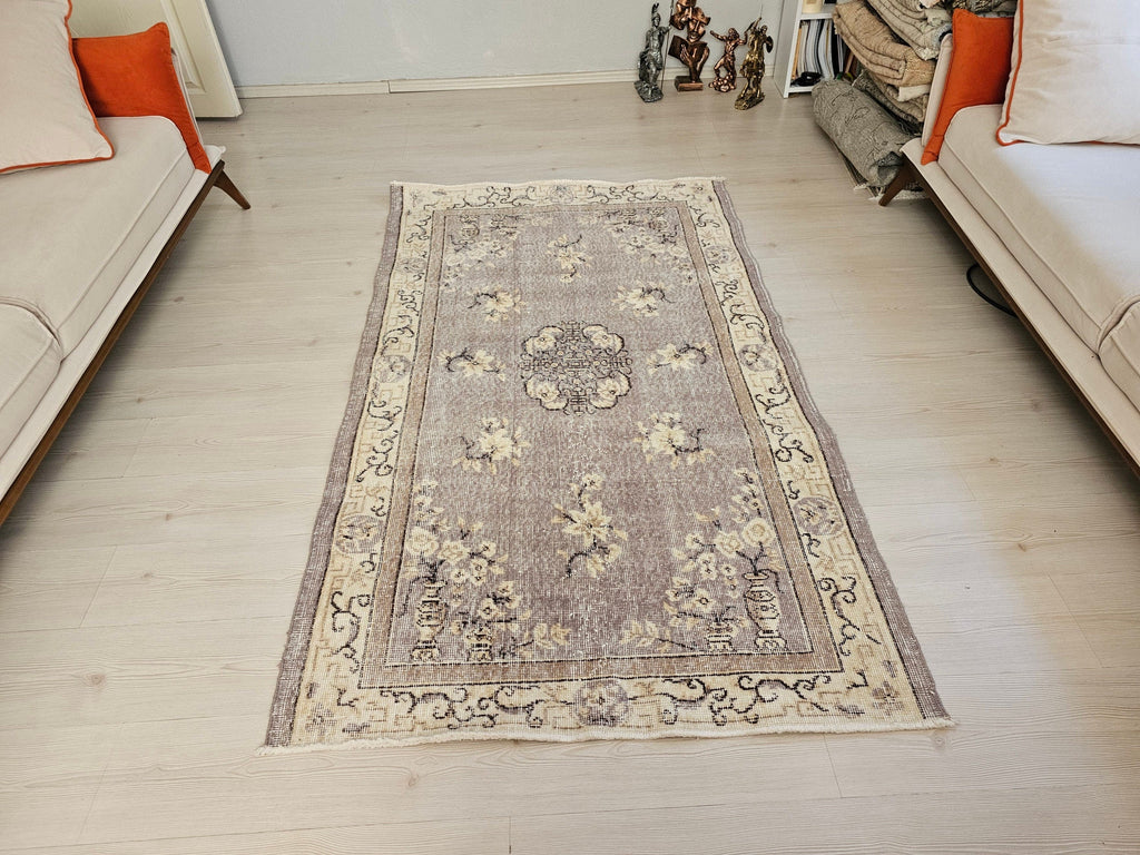 4x6 Vintage Turkish Oushak Rug: Hand-Knotted Organic Wool Small Rug
