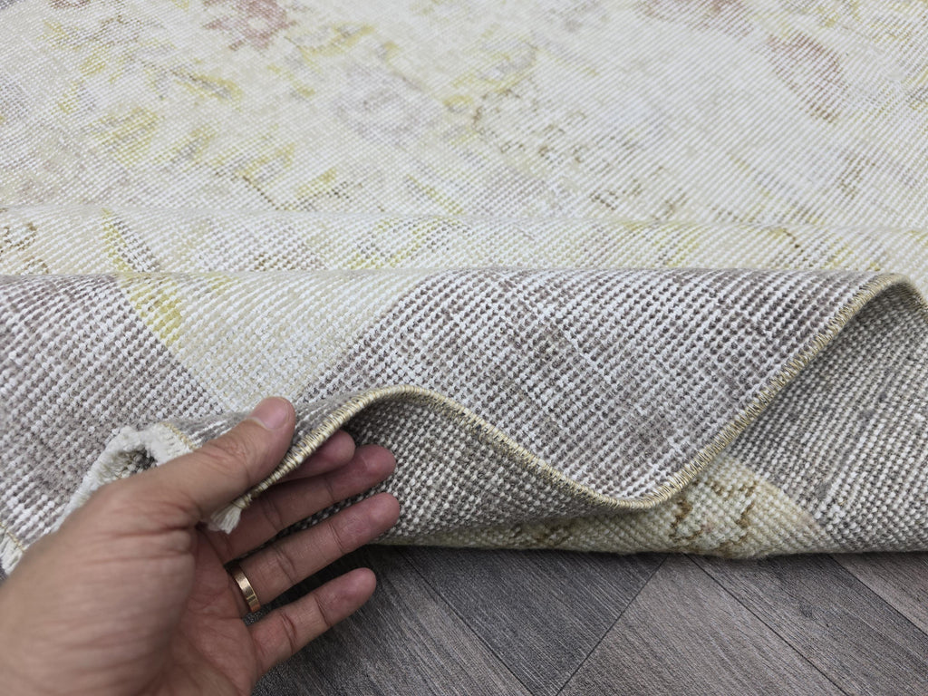 Vintage Oushak Rug: 4x7 Handknotted Wool Ivory Cream Floral Turkish Carpet