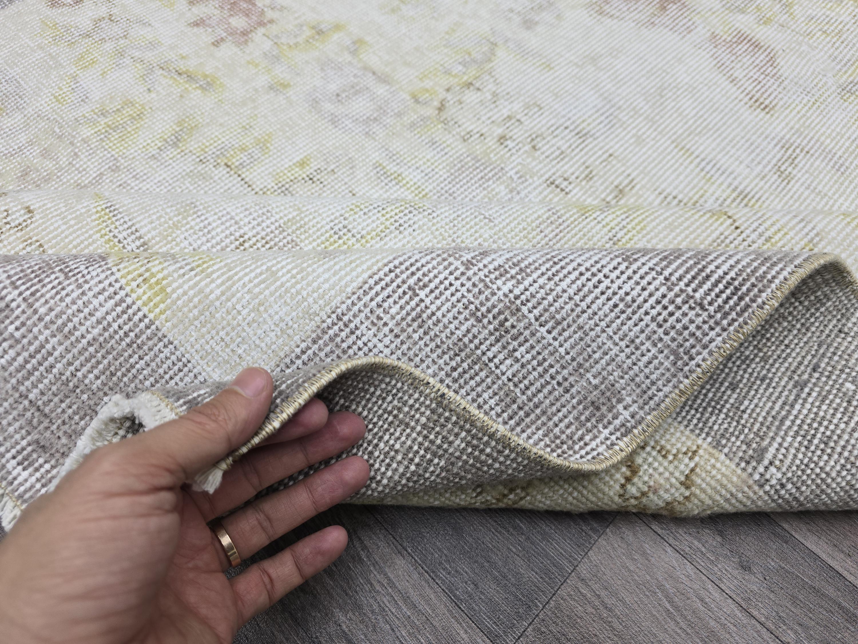 Vintage Oushak Rug: 4x7 Handknotted Wool Ivory Cream Floral Turkish Carpet