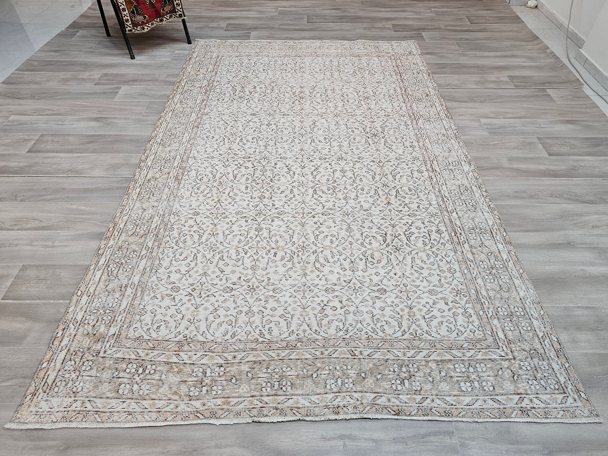Neutral Vintage Turkish Oushak Rug: Hand-Knotted Wool, 6.2x10 ft