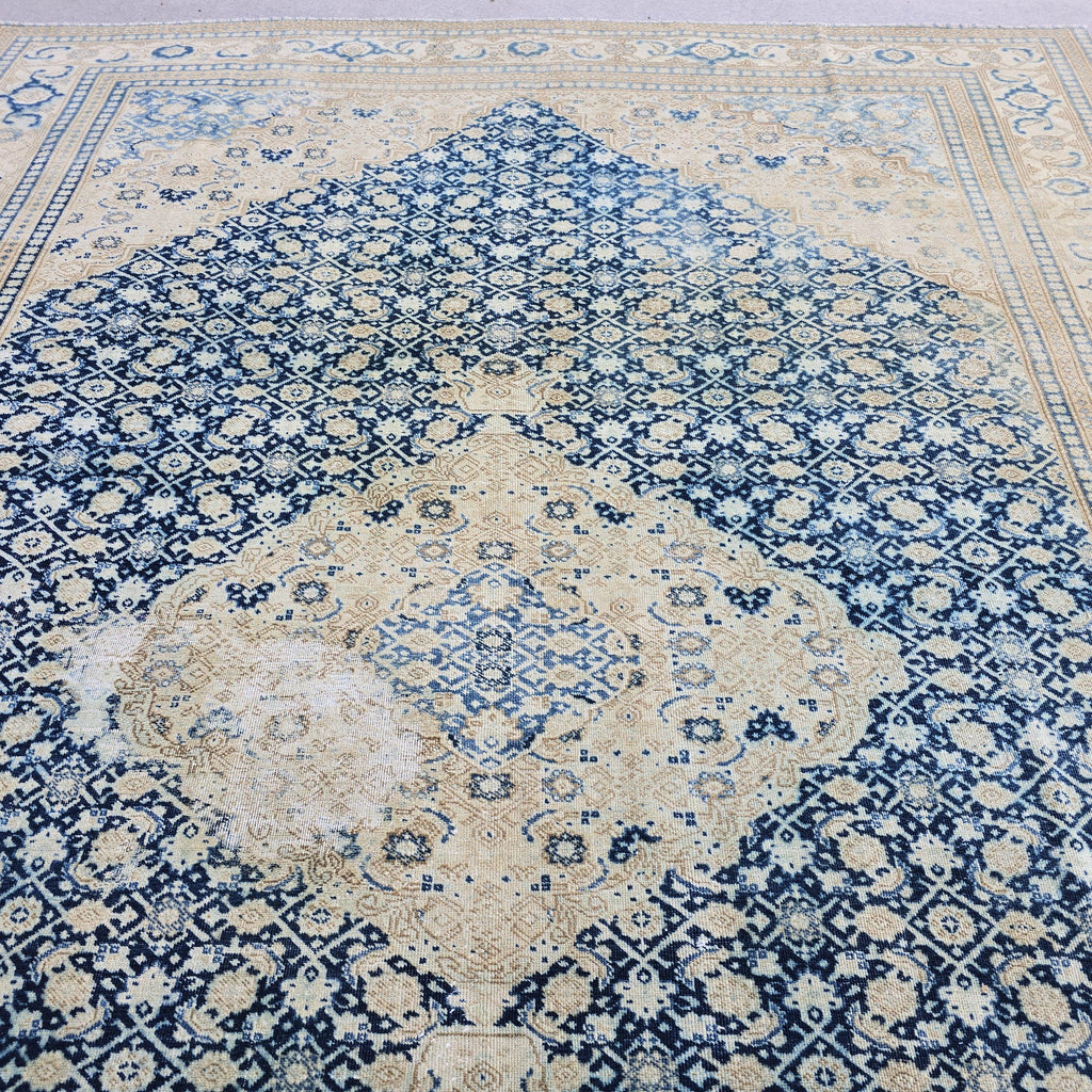Wool 9x12 Oushak Rug -  Hand Knotted Wool Turkish Area Carpet Geometric Beige Blue