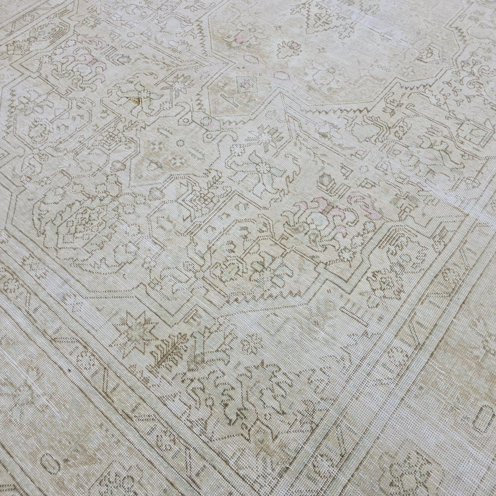 Oushak Rug 8x11: Neutral Vintage Turkish Wool Handmade Carpet, Beige Brown Geometric