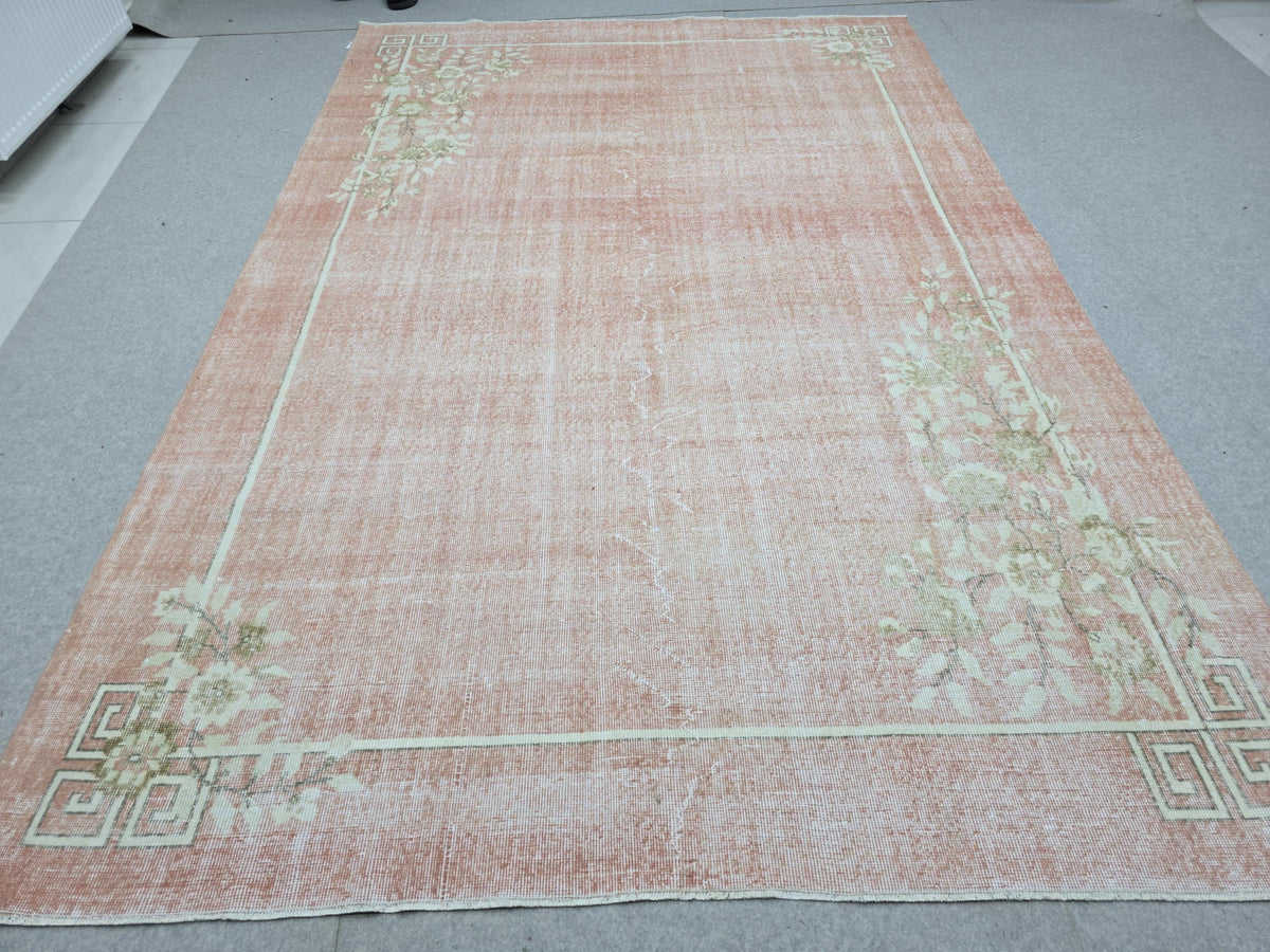 Vintage Rug 7x10, Faded Coral Pink Turkish Carpet, Art Deco Floral Area Rug for Bedroom, Hand Knotted Wool Oushak