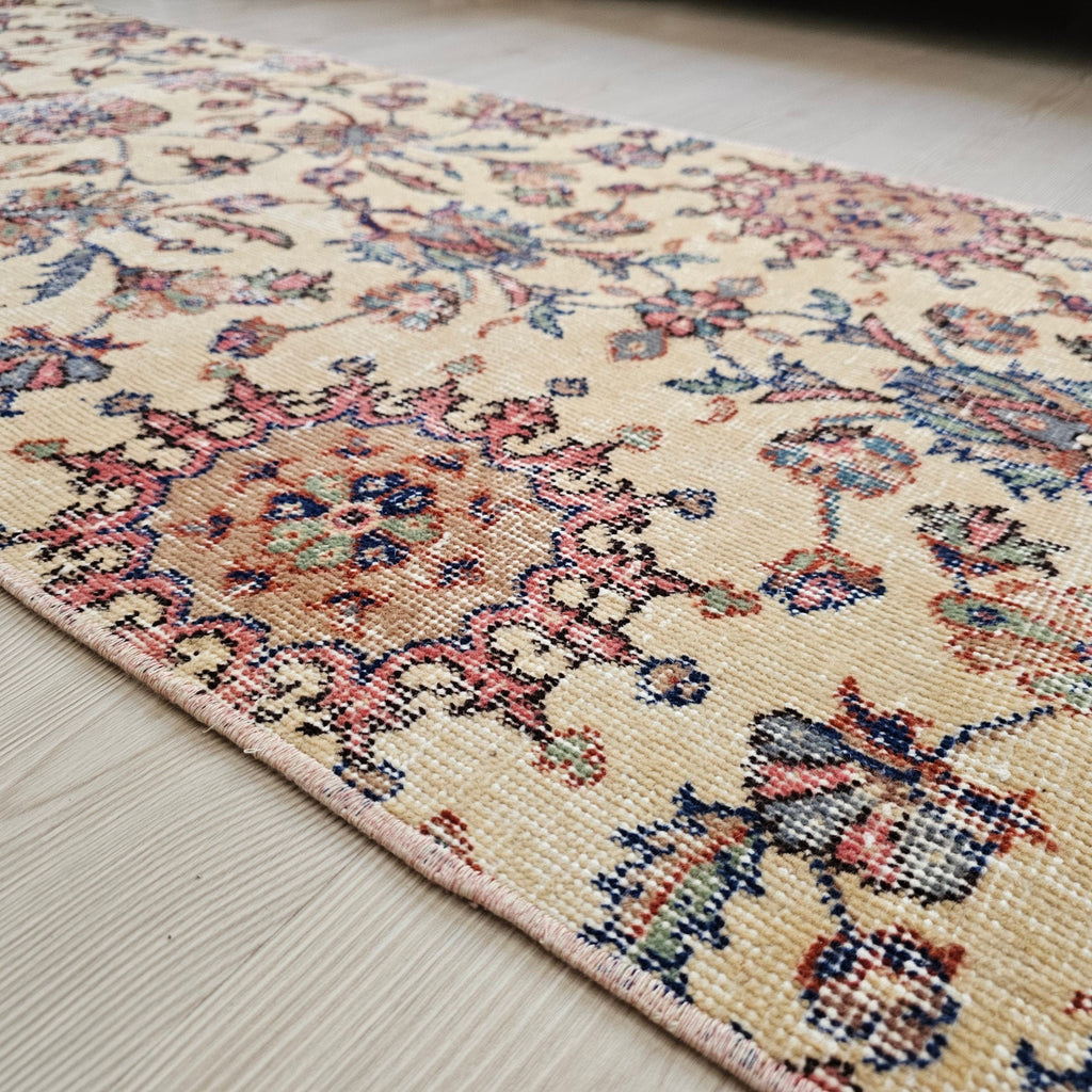 Vintage Turkish Oushak Runner Rug: Floral Wool Hallway Rug (2.4x10 ft)