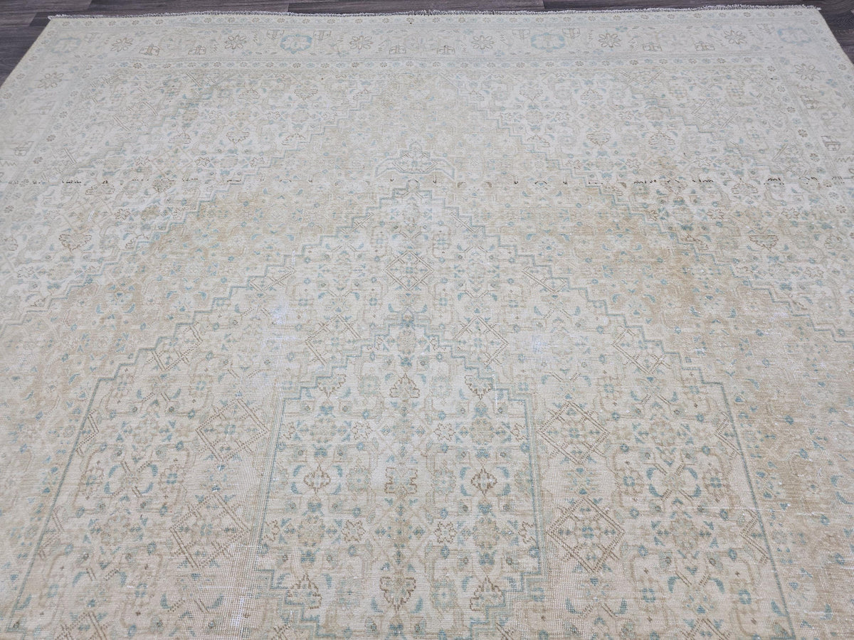 10x12 Muted Vintage Oushak Area  Rug Geometric Cream Beige Sage Green Brown