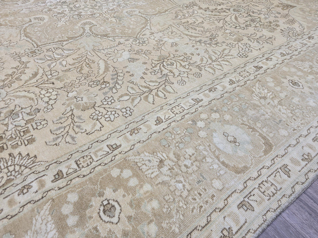 Vintage Turkish Oushak Rug 10x12: Beige Wool Floral Medallion Carpet