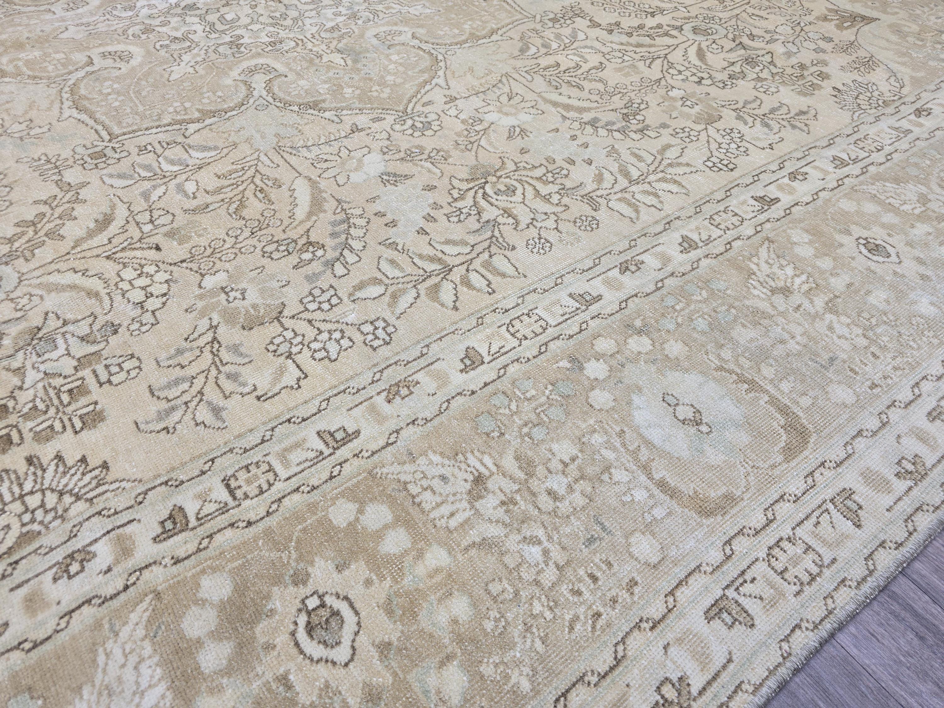 Vintage Turkish Oushak Rug 10x12: Beige Wool Floral Medallion Carpet