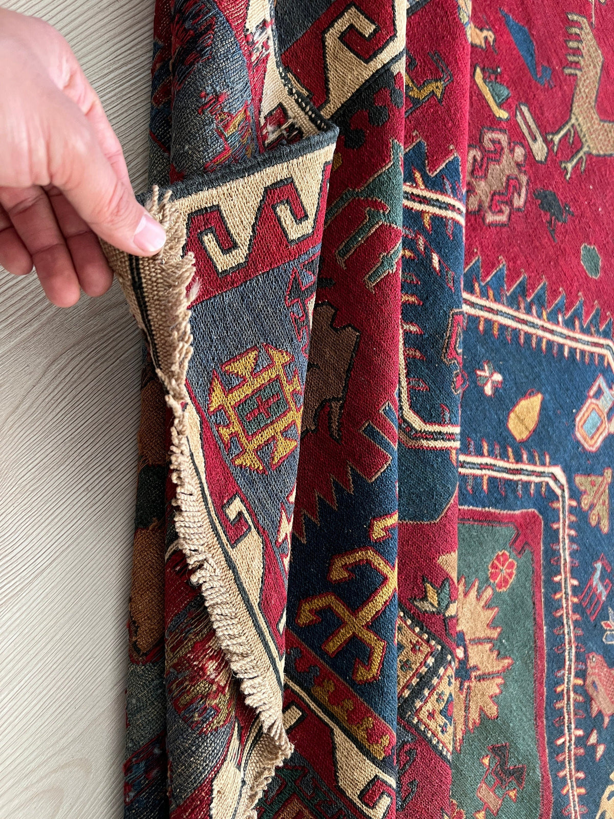 Dragon Soumak Rug: Antique Caucasian Hand-Knotted Wool Carpet (7x9.45 ft)