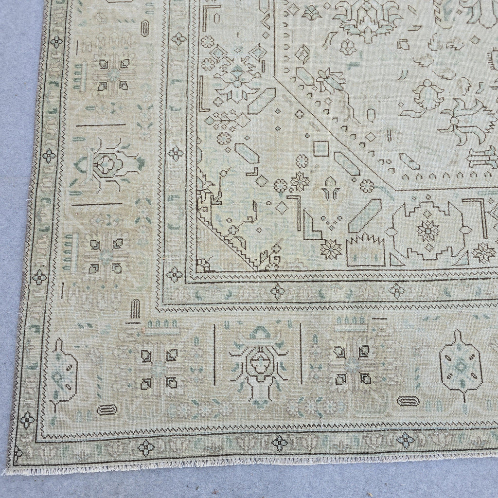 Neutral Anatolian Rug 9x12 Ivory Aqua Medallion Hand Knotted Vintage Wool