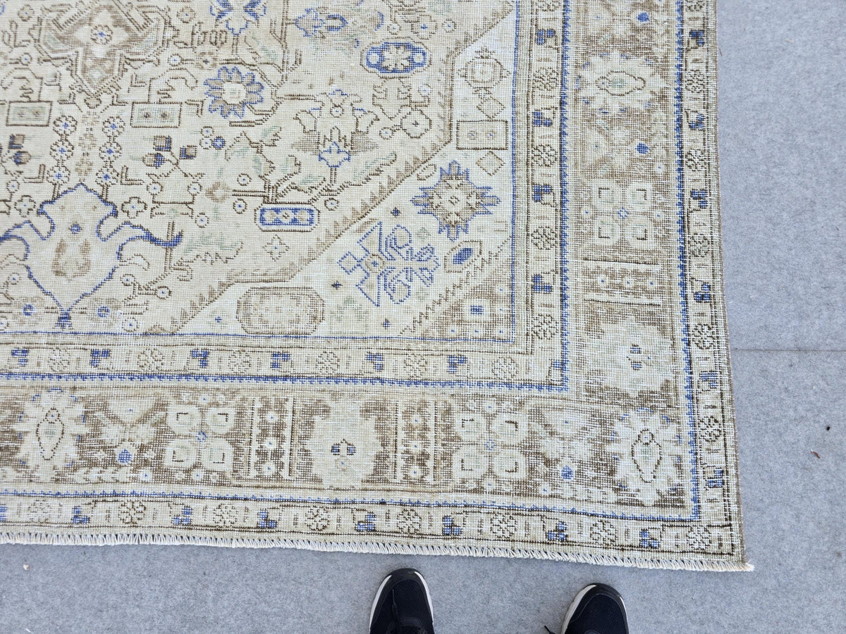 Oushak Rug 8x11, Vintage Turkish Rug, Blue Beige Area Rug, Hand Knotted Wool Rug, Faded Living Room Rug, Boho Neutral Carpet