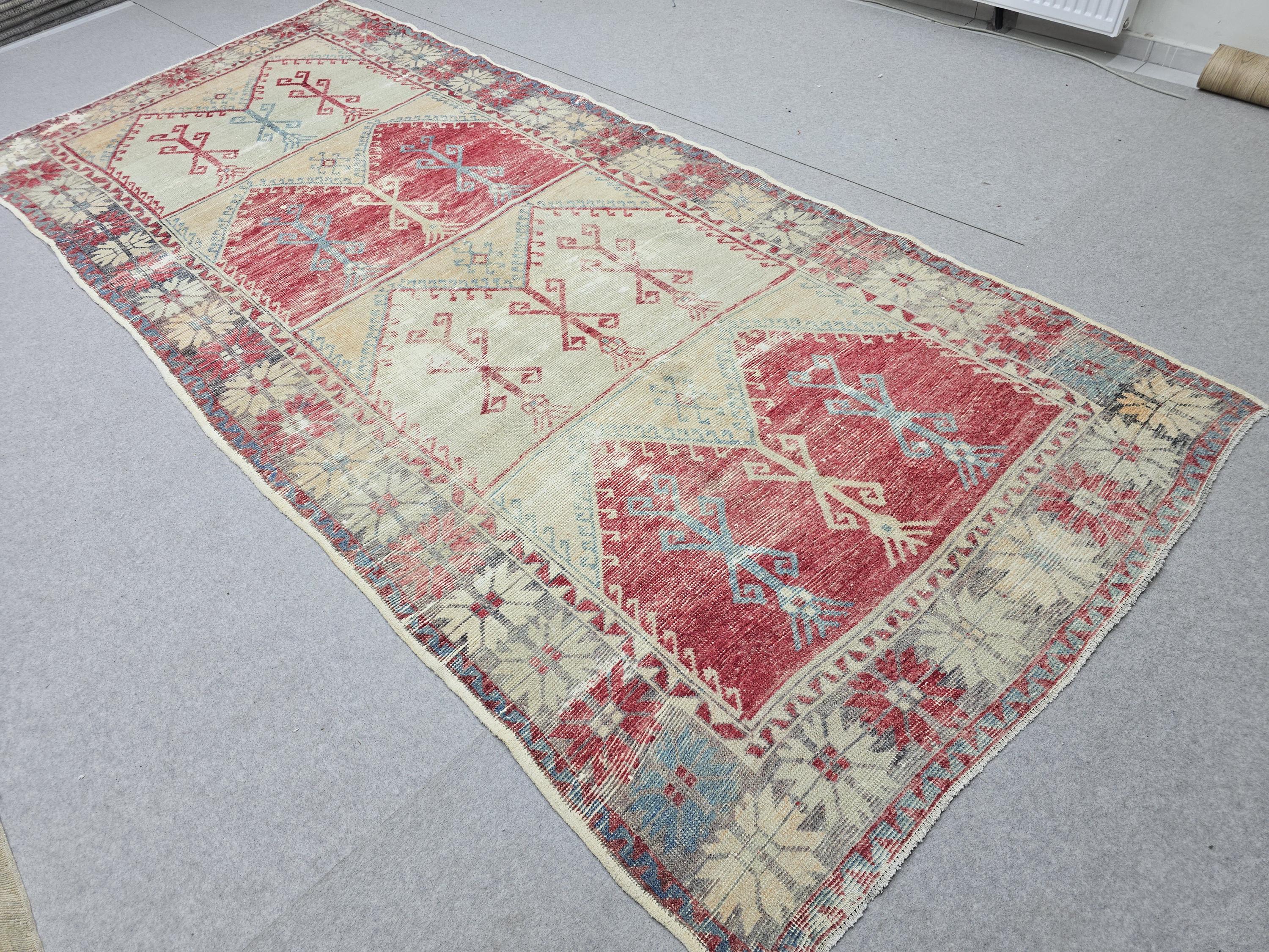 Oushak Rug 5x12, Antique Red Cream Distressed Wool Area Rug, Faded Panel Medallion Anatolian Wide Runner, Boho Farmhouse Living Room Decor