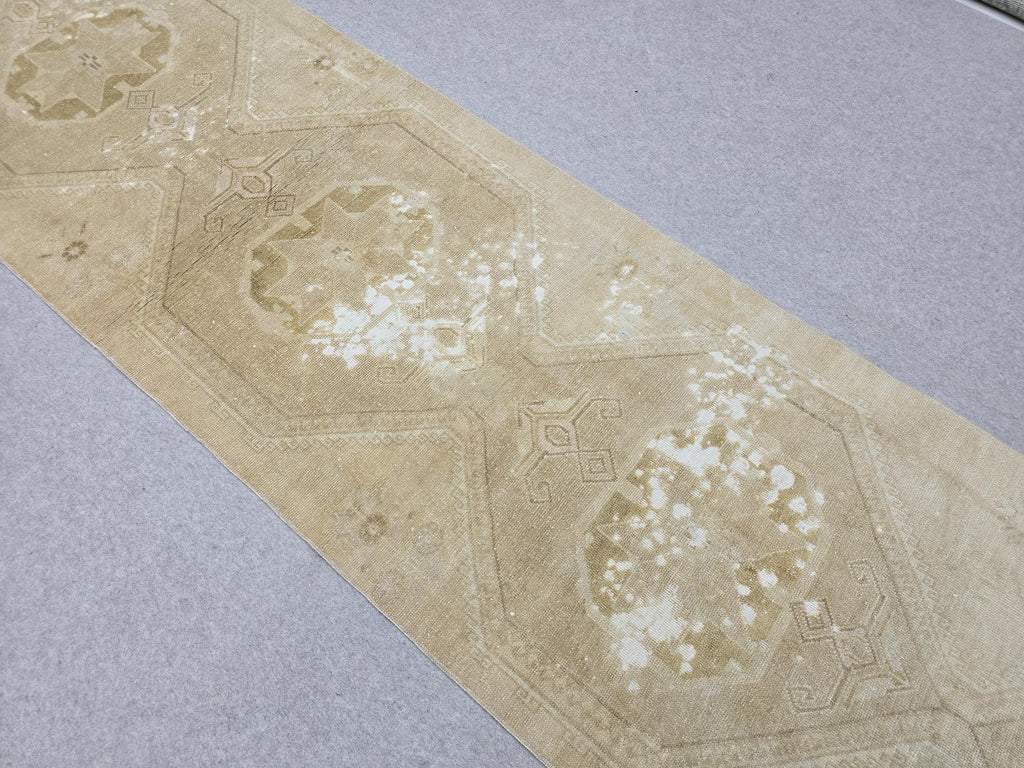 Turkish Rug 3x13, Antique Neutral Runner, Hand Knotted Wool Oushak Runner, Faded Camel Beige Hallway Carpet, Distressed Boho Stair Rug