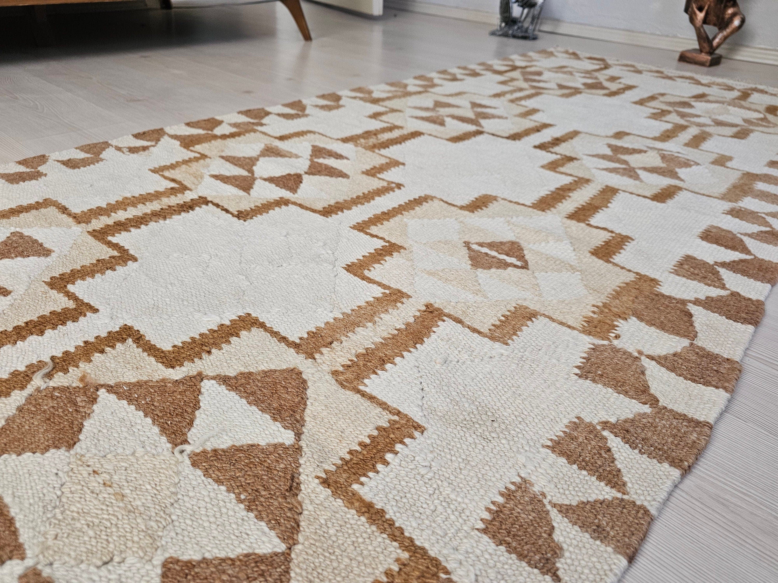 Vintage Turkish Oushak Runner Rug: Neutral Geometric Wool Hallway Rug (3.10x10.70 feet)
