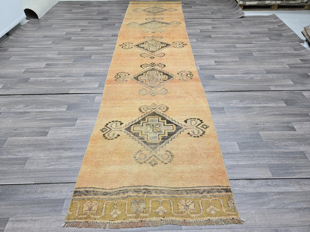 Hand Knotted Wool Vintage Turkish Runner Rug (3.3x14 feet)