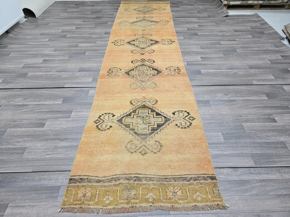 Hand Knotted Wool Vintage Turkish Runner Rug (3.3x14 feet)