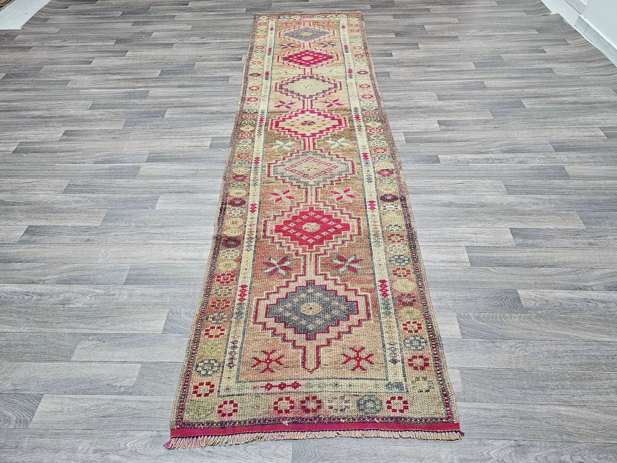 Vintage Herki Wool Runner Rug: 3x10 Muted Anatolian Hallway Decor
