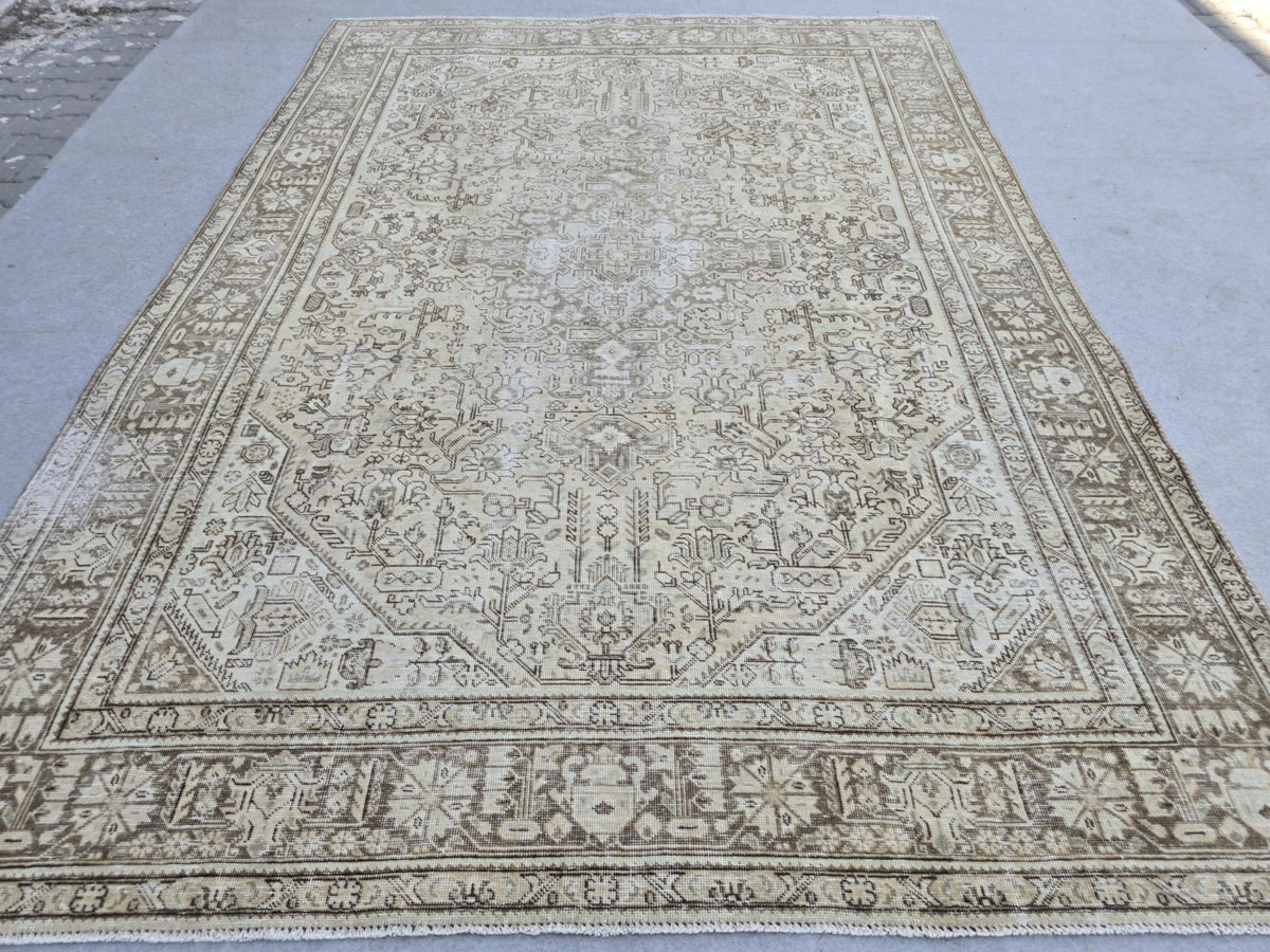 Turkish Rug 8x11, Faded Vintage Wool Area Rug, Neutral Beige Distressed Carpet for Dining Room, Authentic Oriental Rug, Boho Nursery Decor