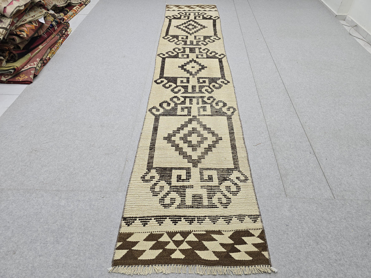 Vintage Rug 2x11 Runner, Hand Woven Herki Wool Hallway Runner, Cream Beige Tribal Anatolian Long Runner, Boho Farmhouse Kitchen Runner