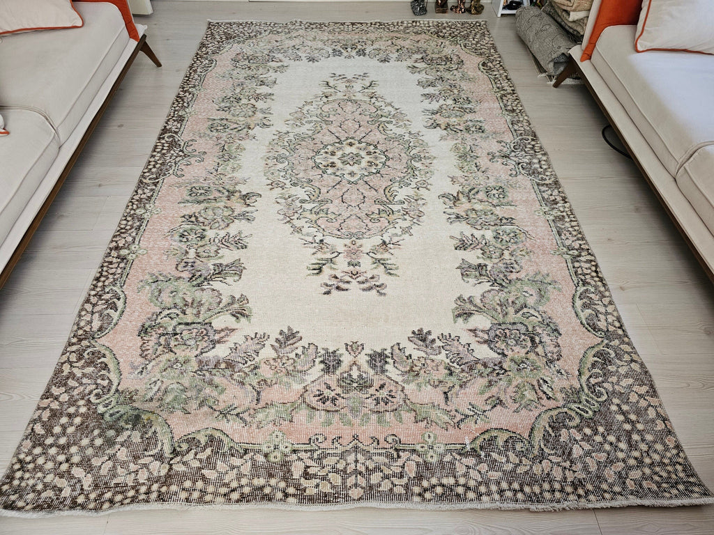 6x10 Vintage Turkish Oushak Rug: Hand-Knotted Wool Area Rug Pink Cream Brown Wool Rug for Diningroom and Office