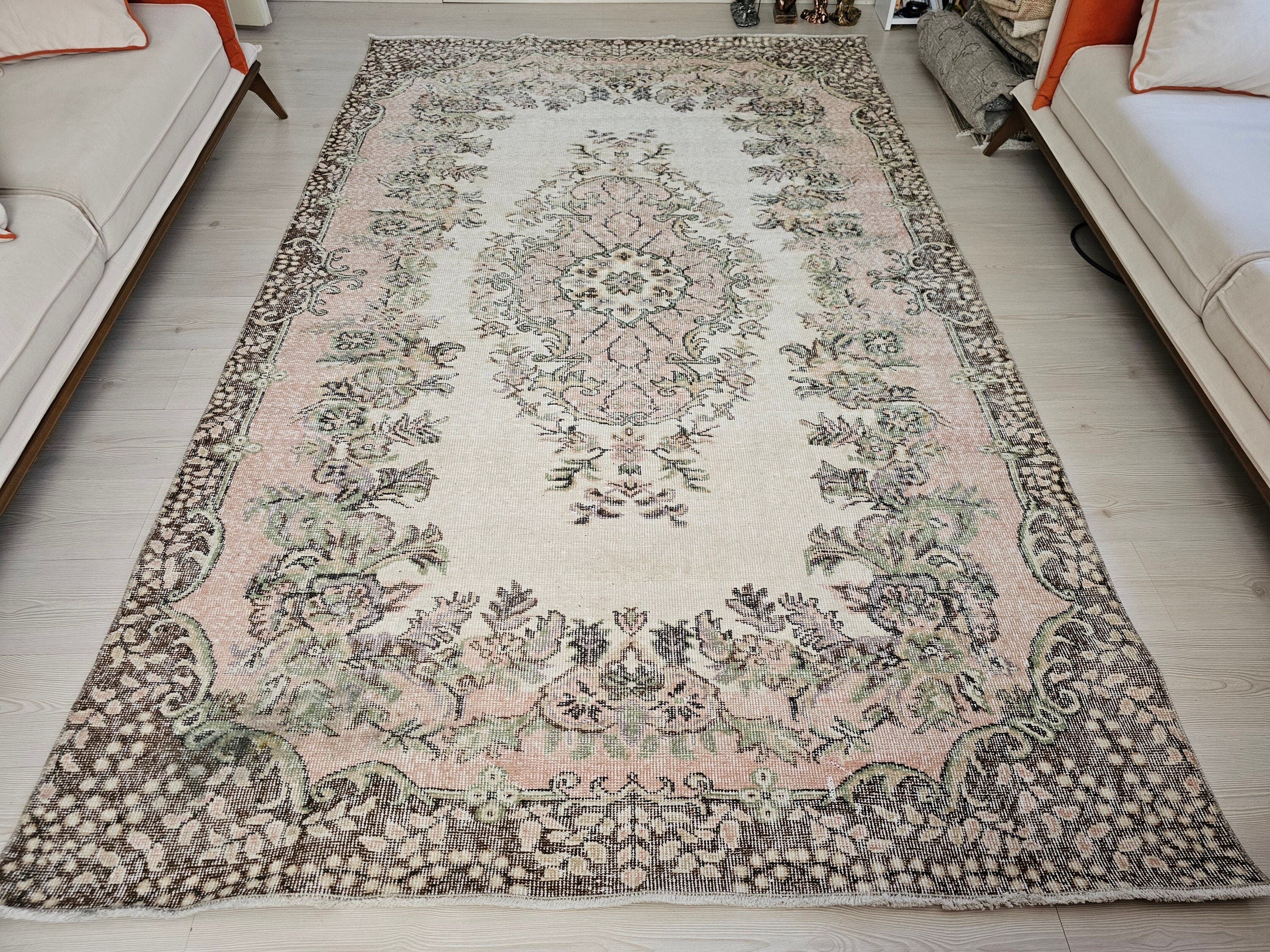 6x10 Vintage Turkish Oushak Rug: Hand-Knotted Wool Area Rug Pink Cream Brown Wool Rug for Diningroom and Office