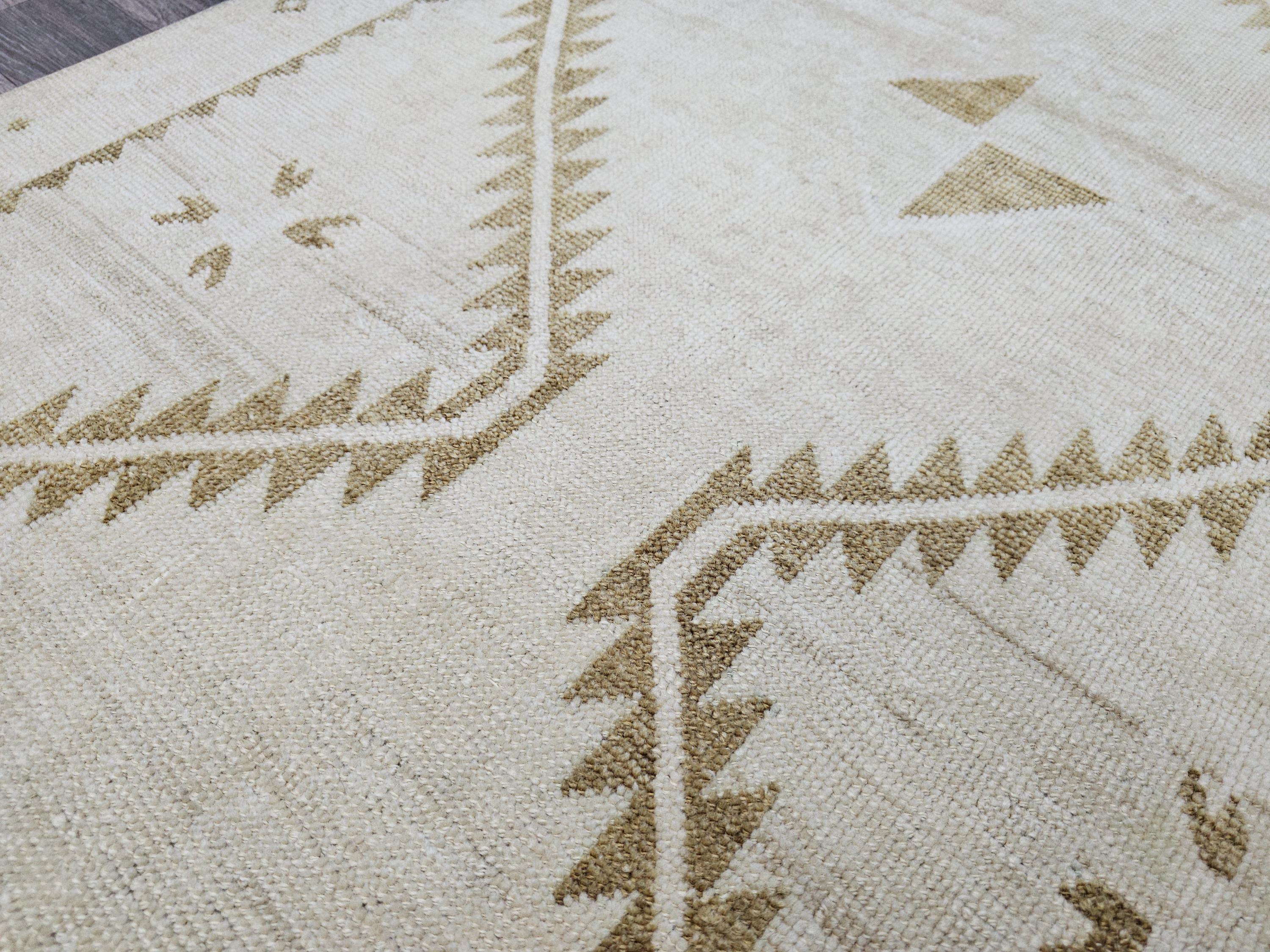 Wide Neutral Turkish Runner Beige Brown Geometric Pale Oushak Runner Handmade //3.40x12.15 feet