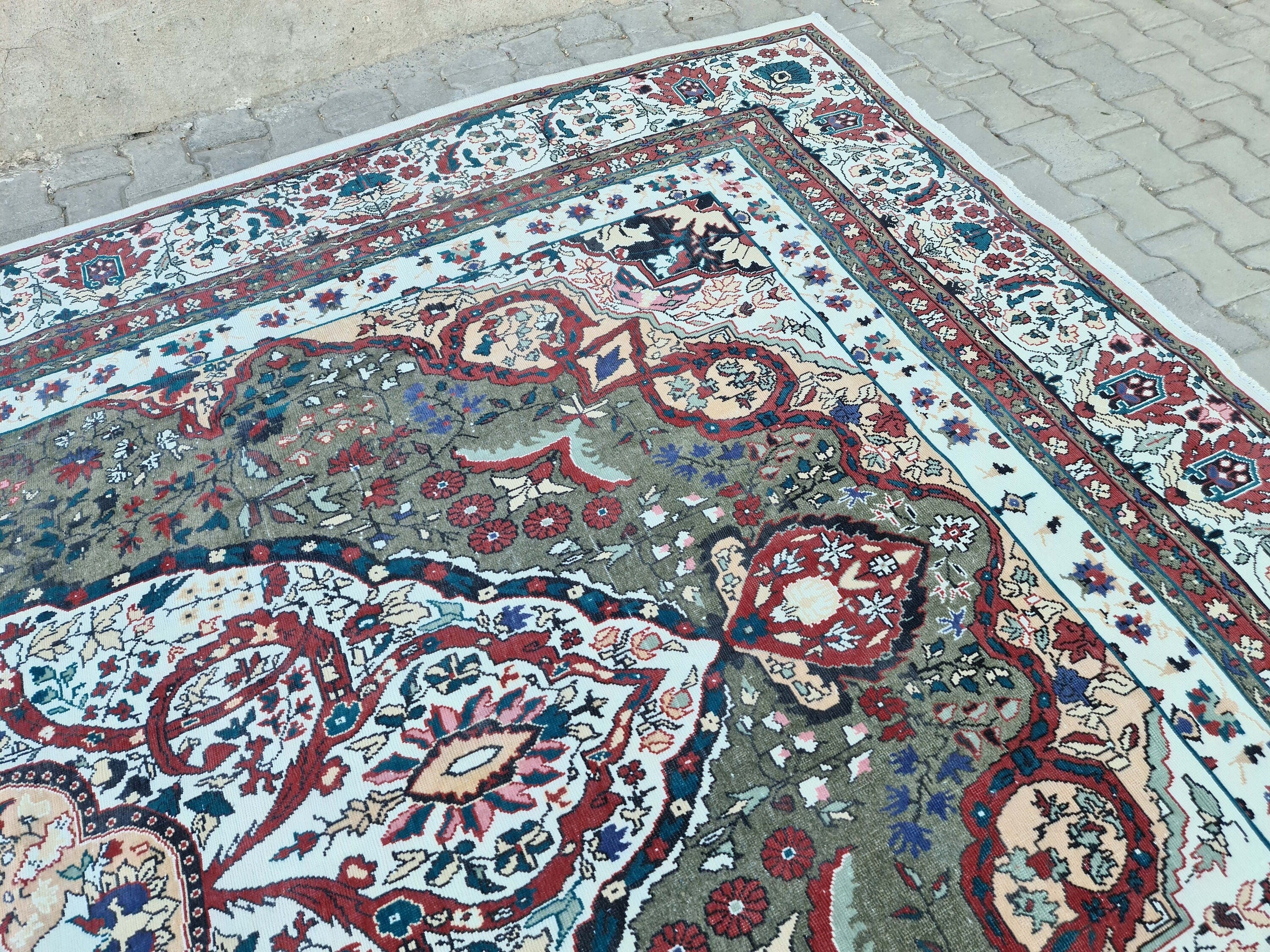 9x13 Vintage Turkish rug - Oversize Hand-Knotted Wool Oushak Area Rug: 9x13 Vintage Anatolian Carpet Green Cream rug