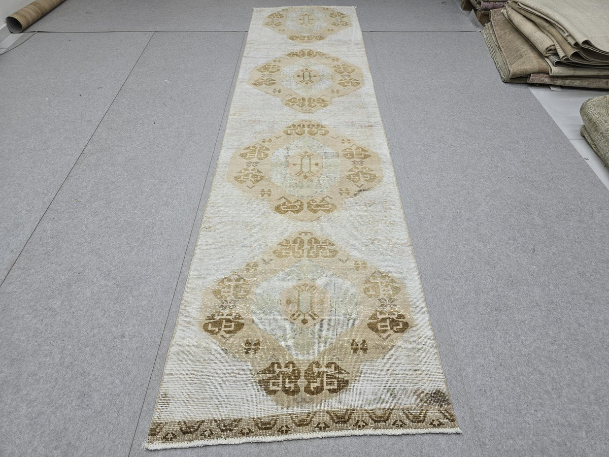 Turkish Rug 3x11, Faded Vintage Anatolian Wool Runner, Hand Knotted Neutral Medallion Hallway Runner, Boho Farmhouse Decor
