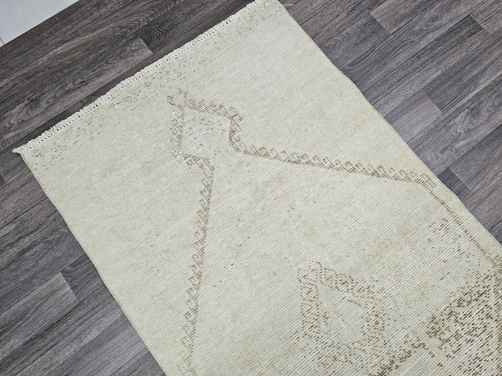 Vintage Oushak Runner Rug: 3x12.25 ft, Neutral Turkish Wool Rug