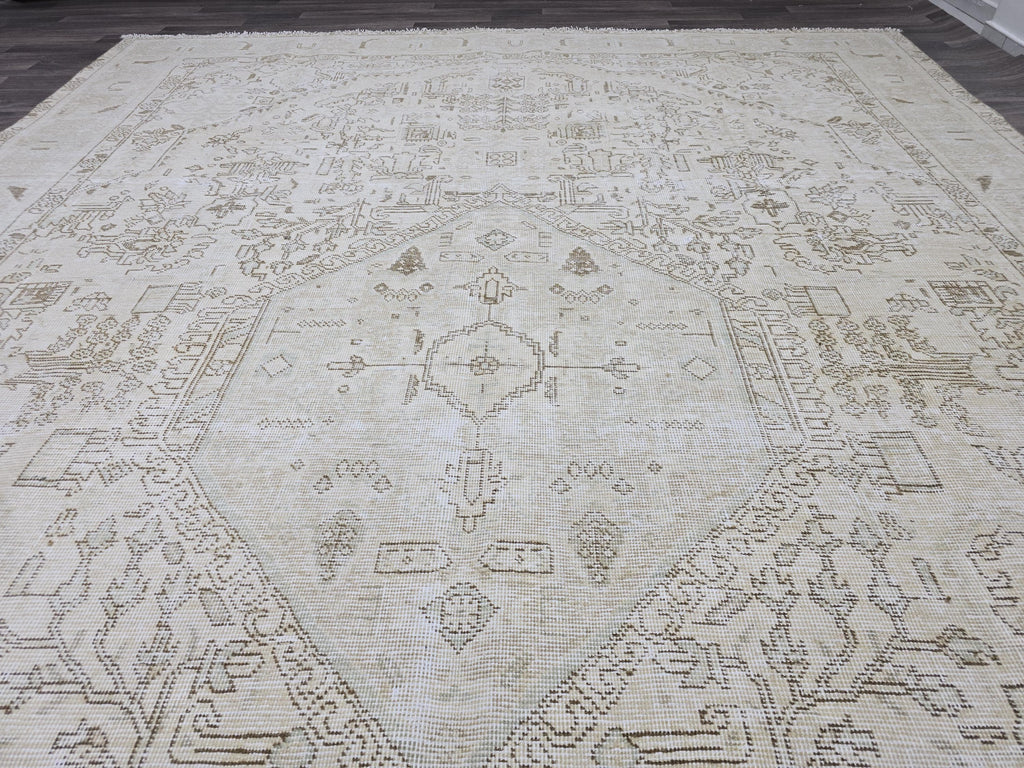 Oversize Neutral Oushak Rug: 9.25x12.8 ft Distressed Turkish Wool Carpet