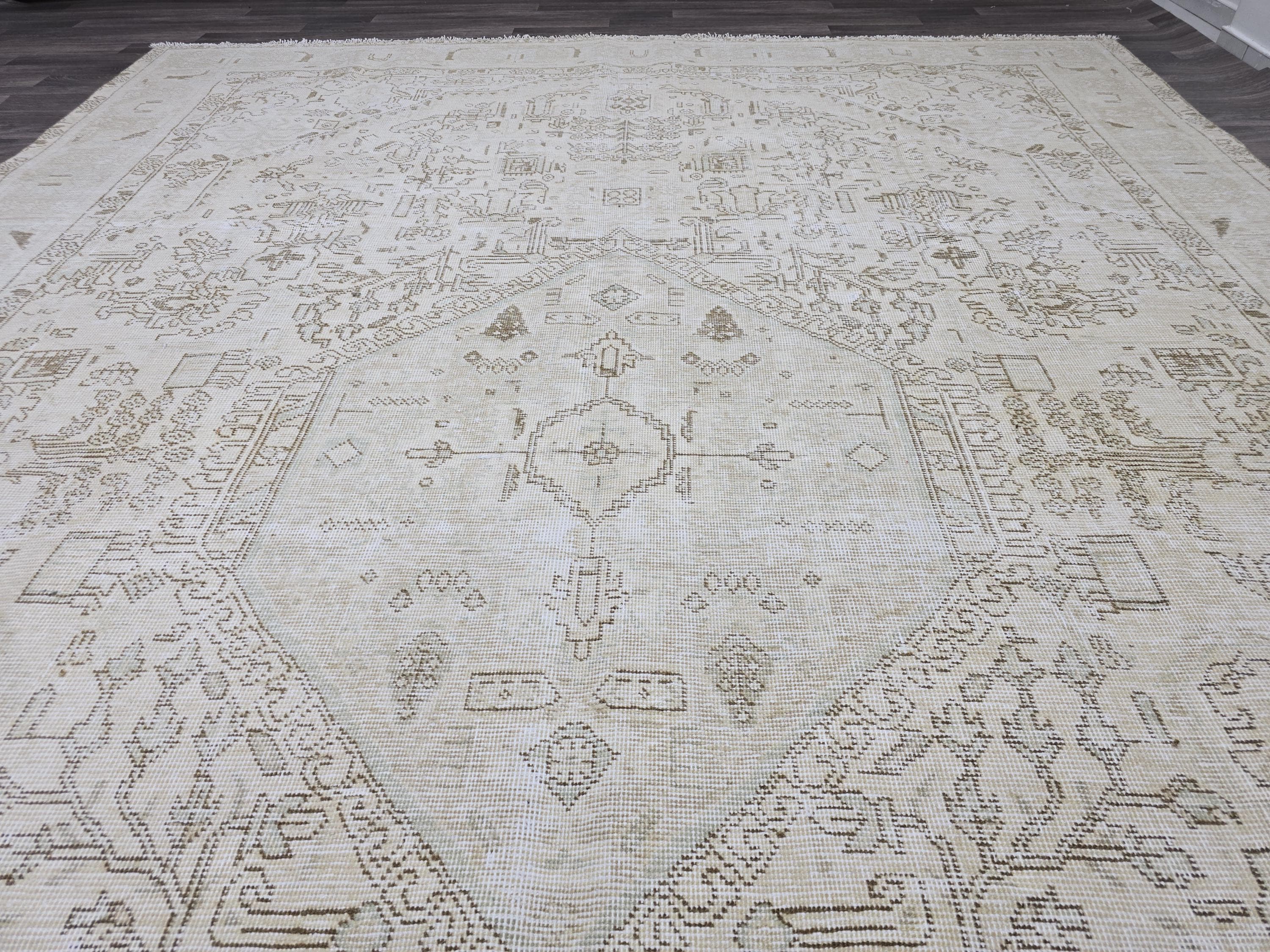 Oversize Neutral Oushak Rug: 9.25x12.8 ft Distressed Turkish Wool Carpet