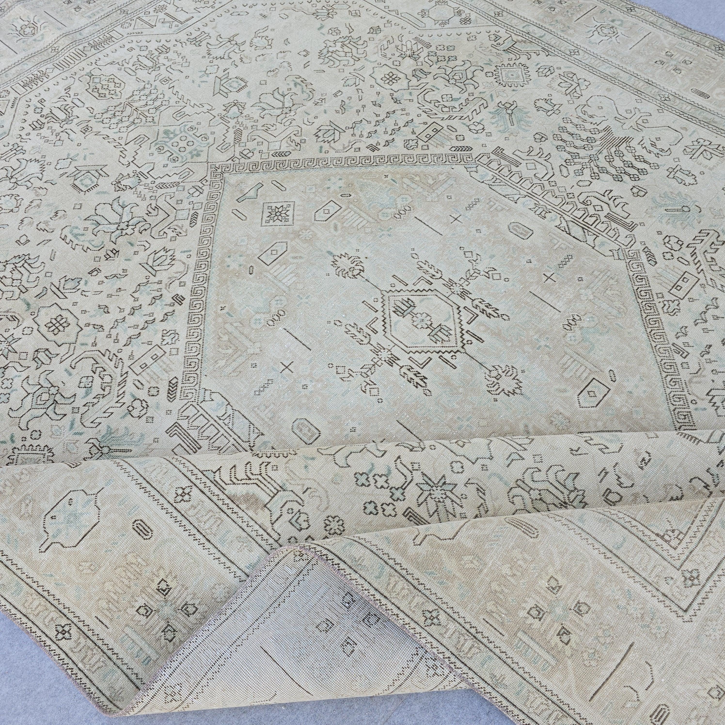 Neutral Anatolian Rug 9x12 Ivory Aqua Medallion Hand Knotted Vintage Wool