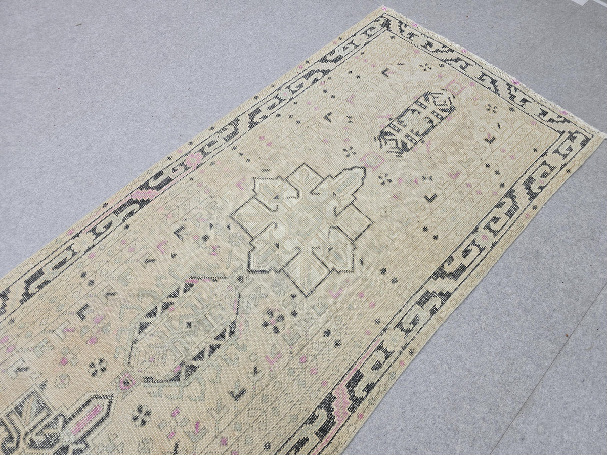 3x12 Vintage Runner Rug , Faded Pink Beige Turkish Wool Hallway Runner, Distressed Anatolian Tribal Medallion Corridor Rug, Boho Decor