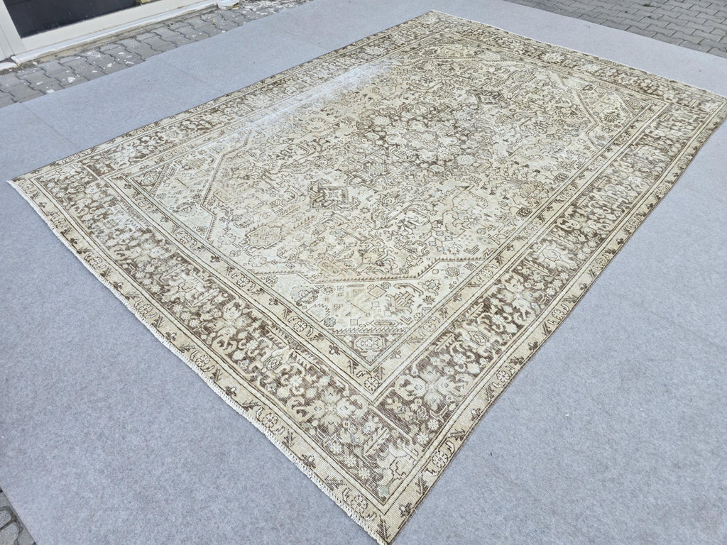 8x11 Vintage Turkish Rug, Neutral Beige Distressed Area Rug, Handwoven Large Rug
