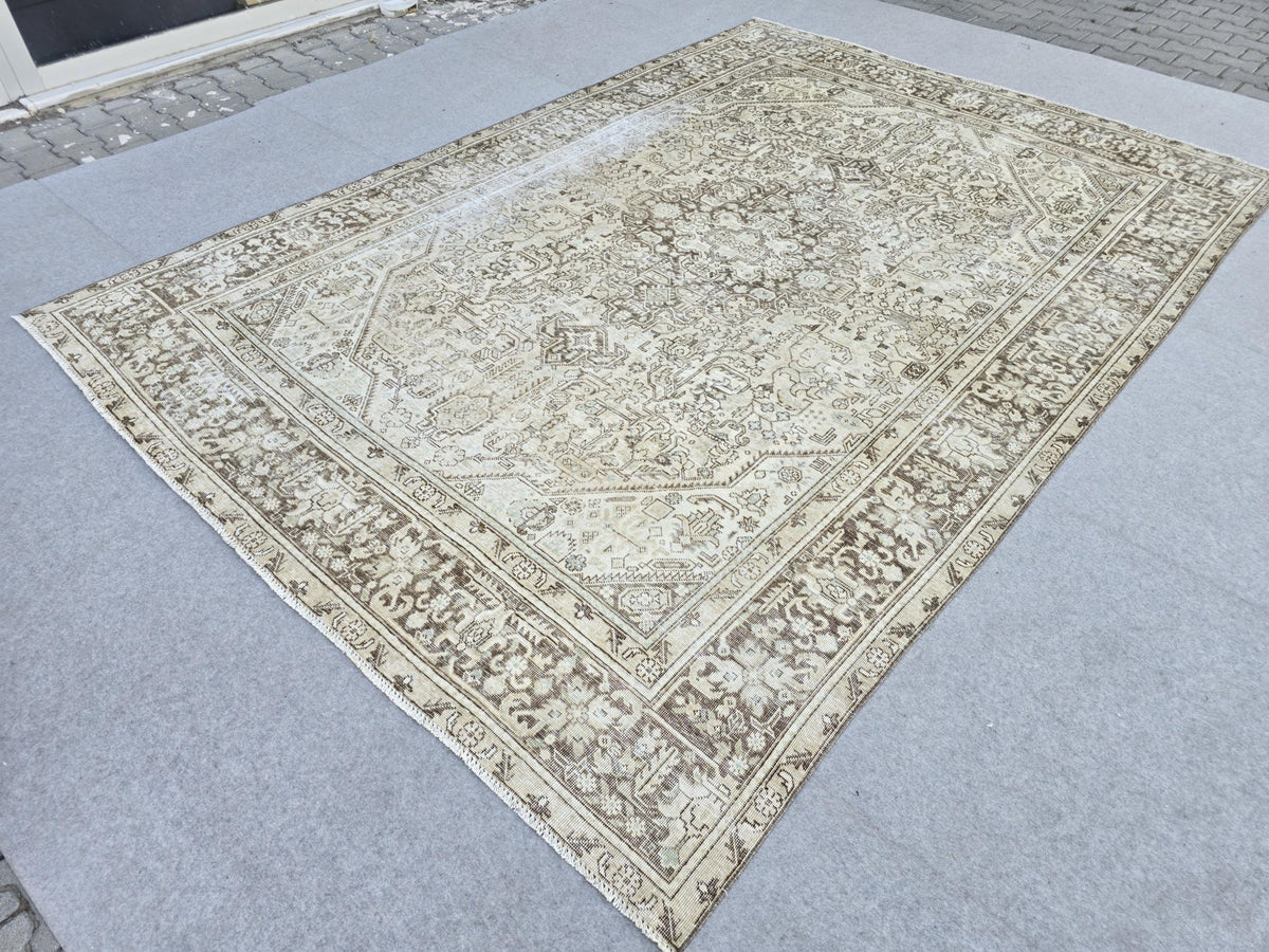 8x11 Vintage Turkish Rug, Neutral Beige Distressed Area Rug, Handwoven Large Rug