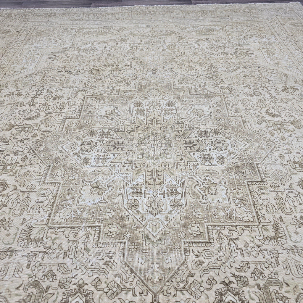 9x12 Hand-Knotted Oushak Rug: Neutral Distressed Vintage Turkish Carpet