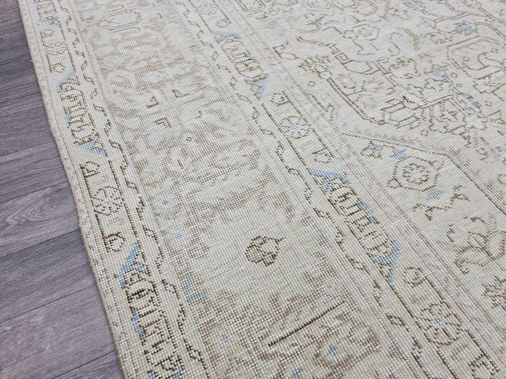Handmade Distressed Turkish Area Rug: 9.3x12 ft, Faded Neutral Wool
