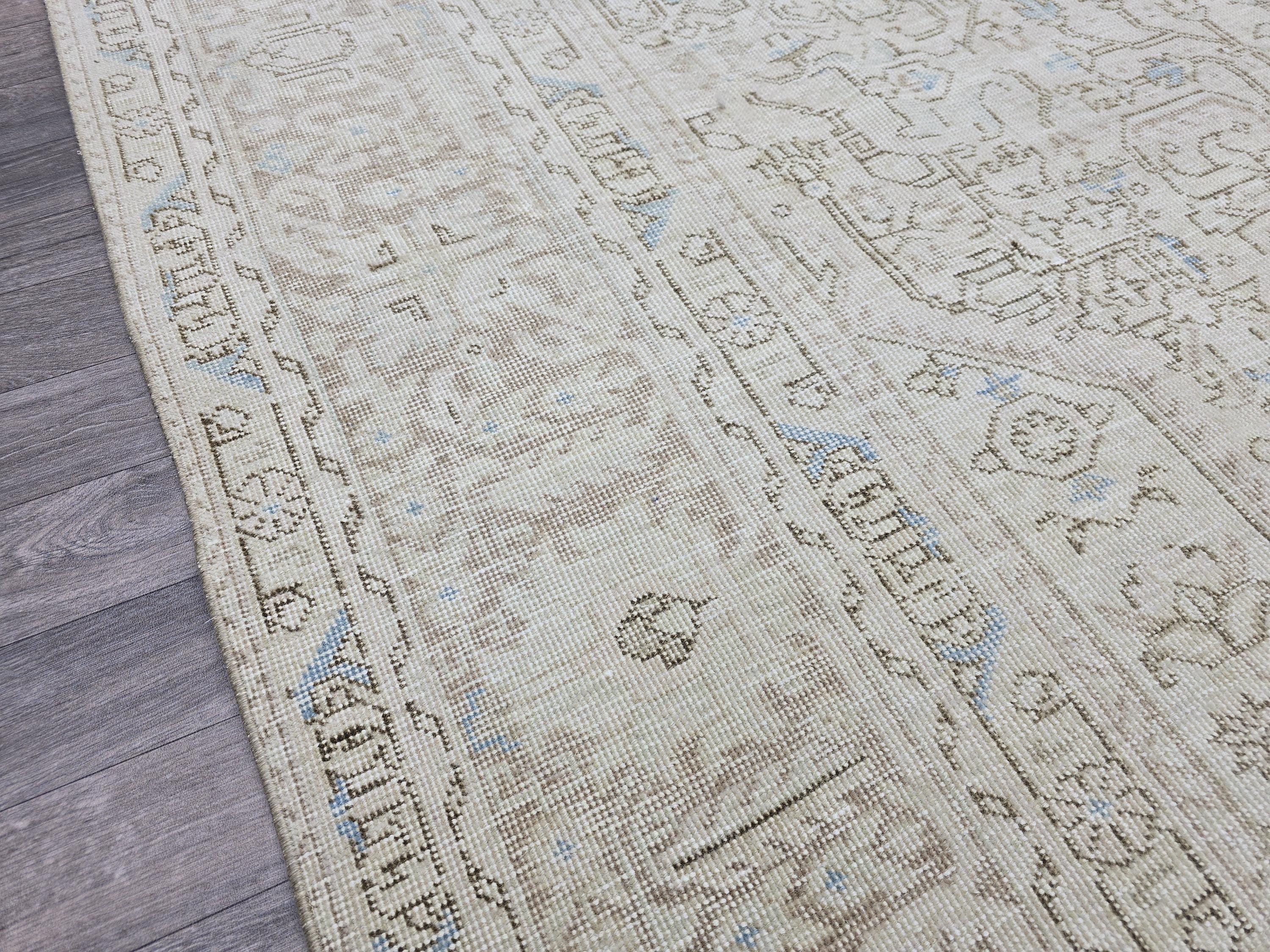 Handmade Distressed Turkish Area Rug: 9.3x12 ft, Faded Neutral Wool