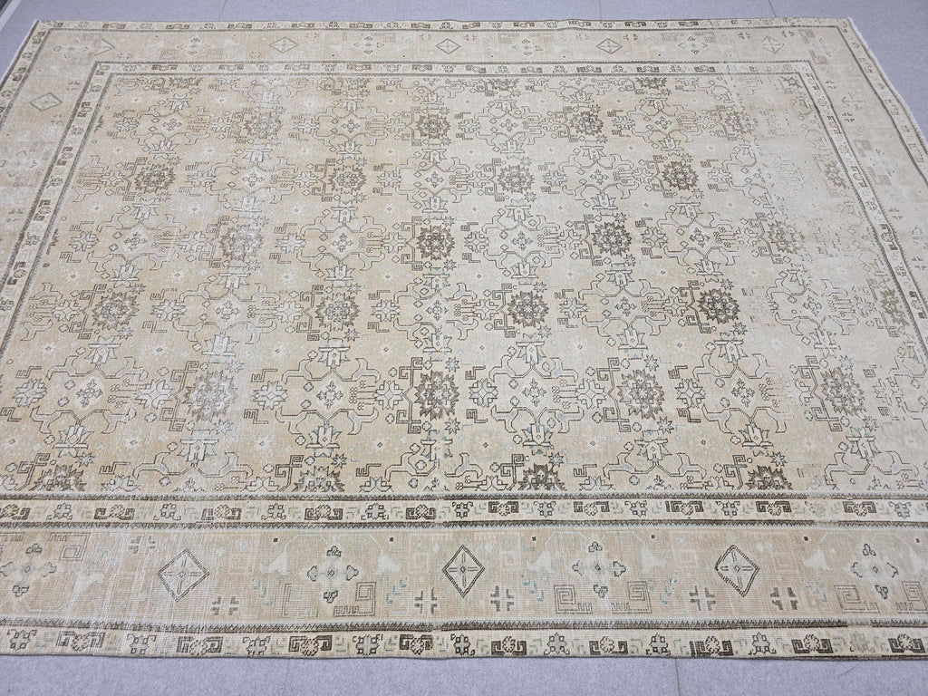 Oushak Rug 9x13 Faded Neutral Vintage Turkish Carpet Hand Woven Distressed Area Rug