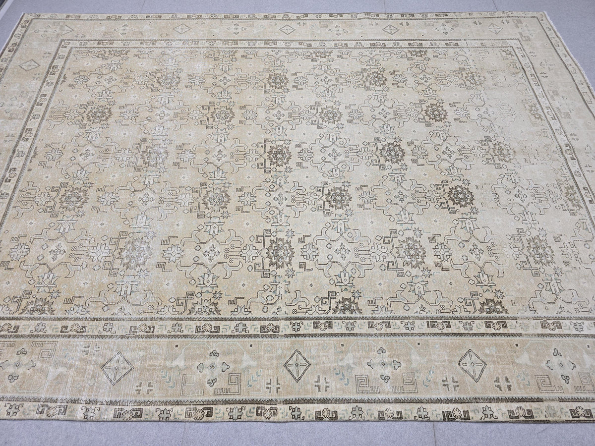 Oushak Rug 9x13 Faded Neutral Vintage Turkish Carpet Hand Woven Distressed Area Rug