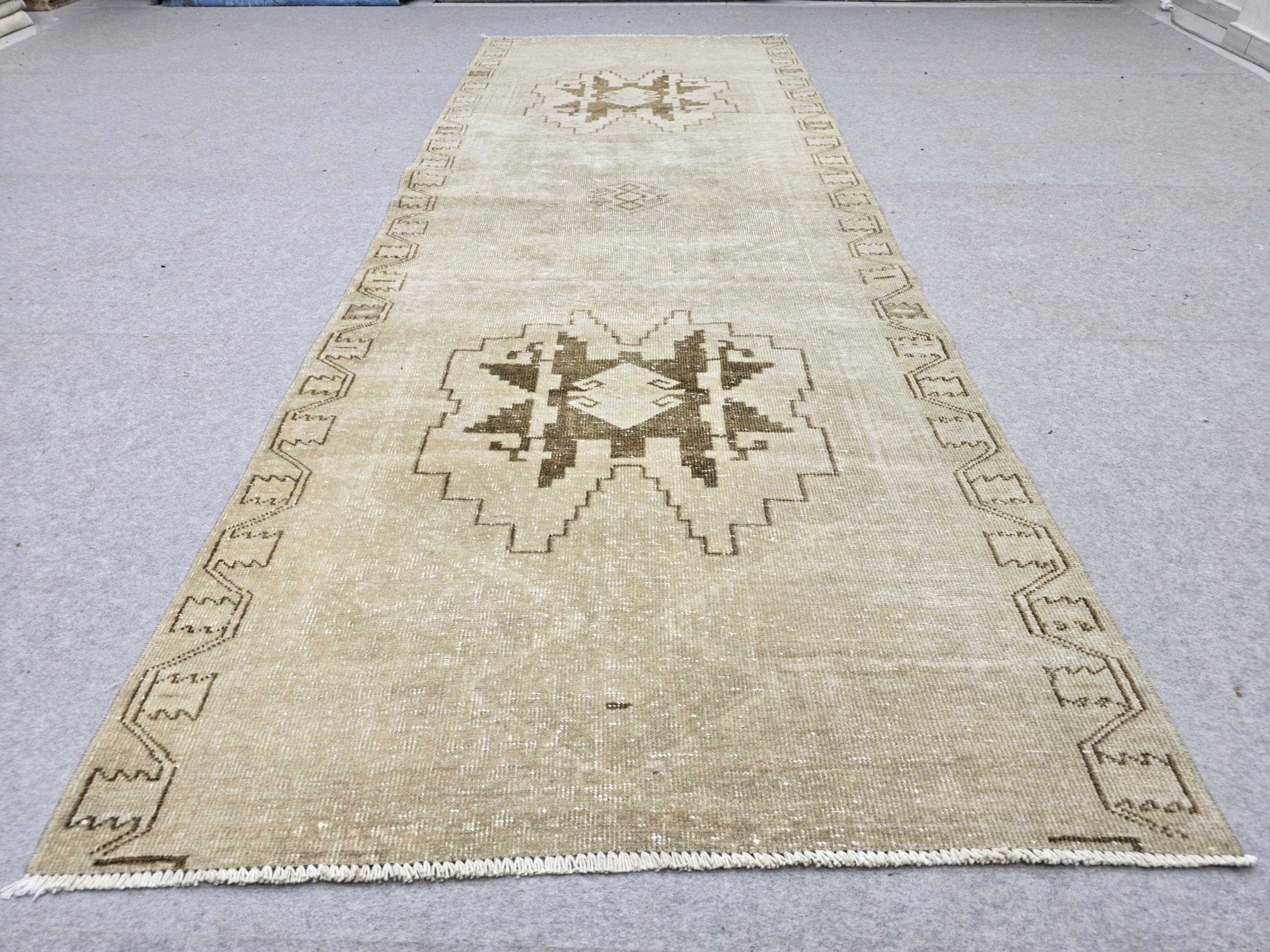 Turkish Rug 3.5x10 Runner, Wheat Brown Wool Rug for Entryway, Tribal Star Medallion Carpet, Neutral Stair Runner, Rustic Dining Decor