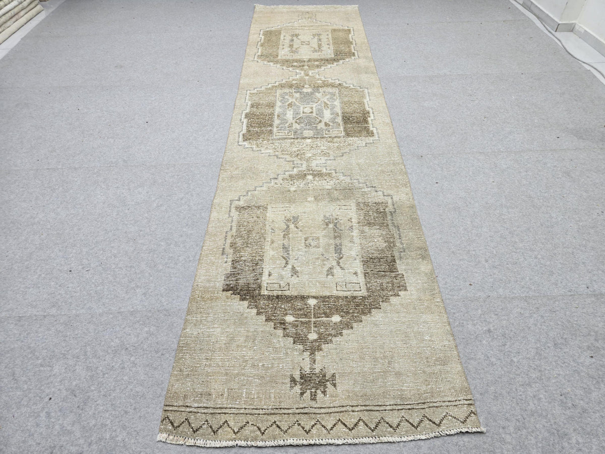 Vintage Runner Rug 3x12, Cream and Brown Medallion Hallway Runner, Long Wool Living Room Rug, Neutral Corridor Runner for 12 ft Decor