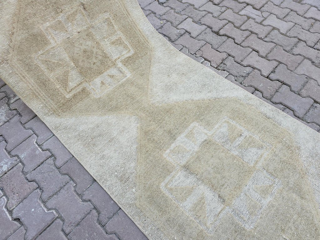 Beige Oushak Runner: Handmade Wool Anatolian Style Neutral Turkish Rug, 3.3x12.65 ft
