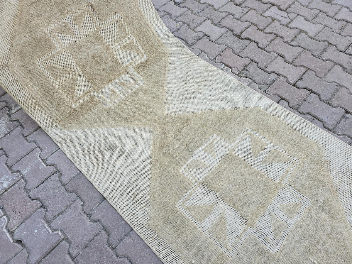 Beige Oushak Runner: Handmade Wool Anatolian Style Neutral Turkish Rug, 3.3x12.65 ft