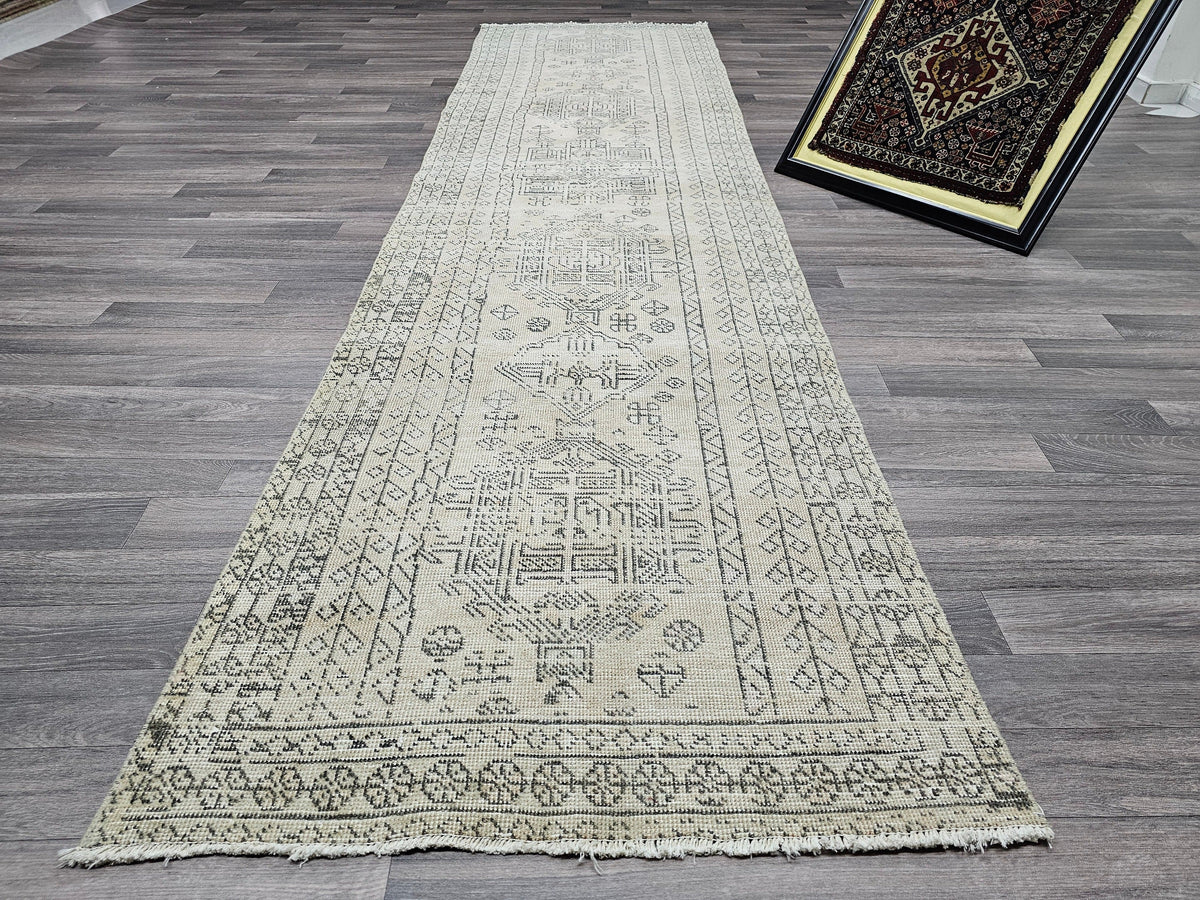Vintage Oushak Runner Rug: 3x12 Hand-Knotted Wool Turkish Hallway Rug