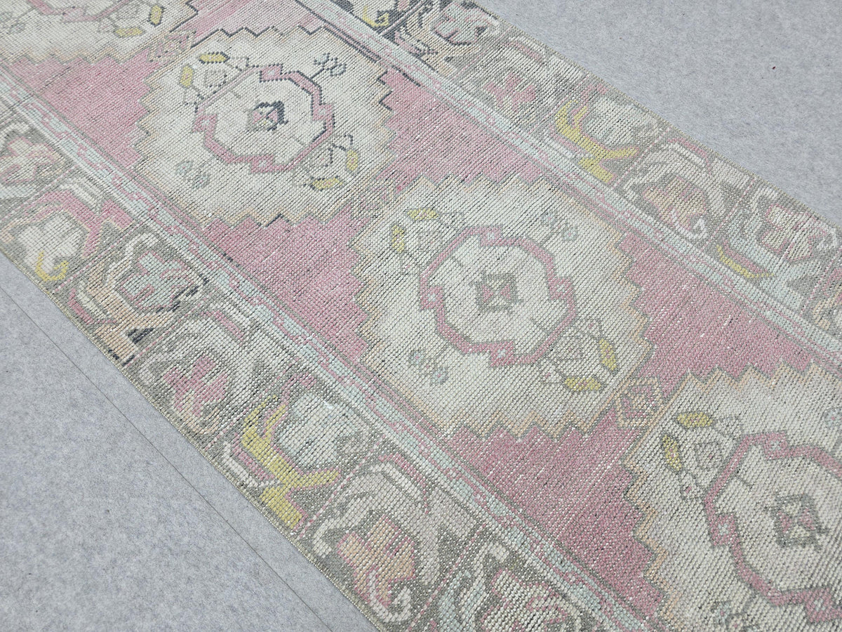 Turkish Rug 3x10, Pastel Pink Runner Rug, Hand Knotted Wool Oushak Runner, Faded Muted Hallway Rug, Vintage Boho Nursery Stair Anatolian rug
