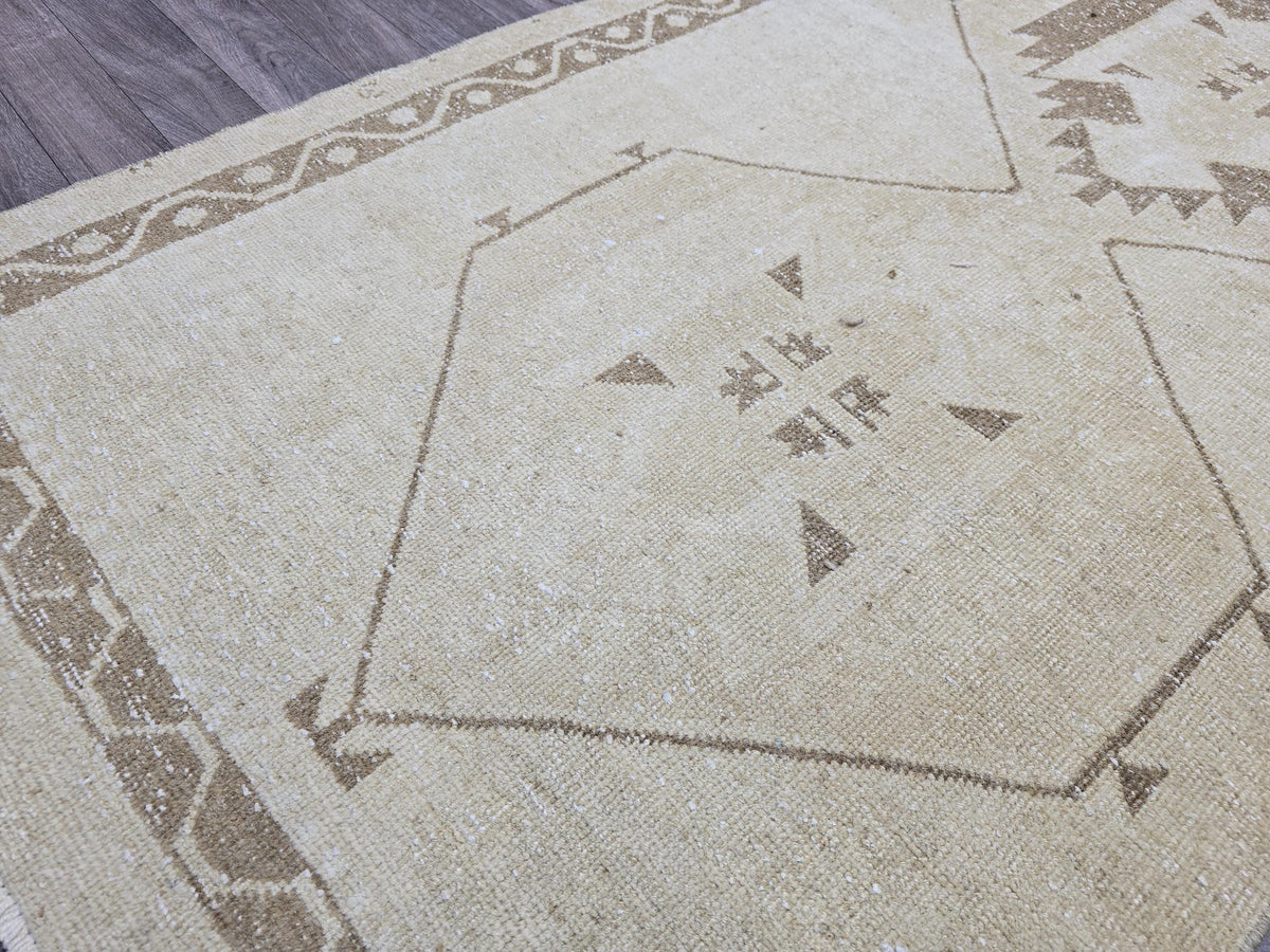 Vintage Anatolian Runner Rug: Cream Beige Wool Hallway Carpet (3.4x13.6 ft)