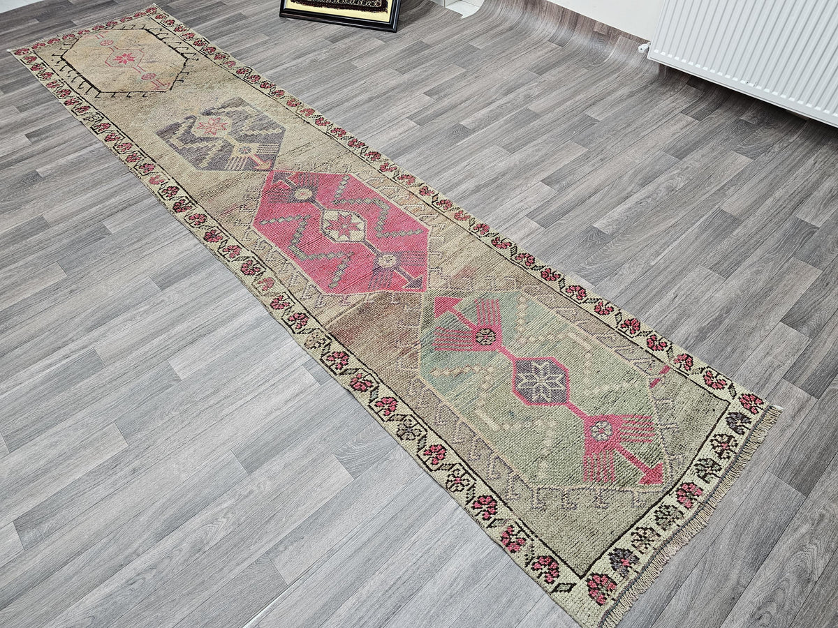 Vintage Herki Wool Runner Rug: 2.7x12.35 ft, Muted Pastel Colors