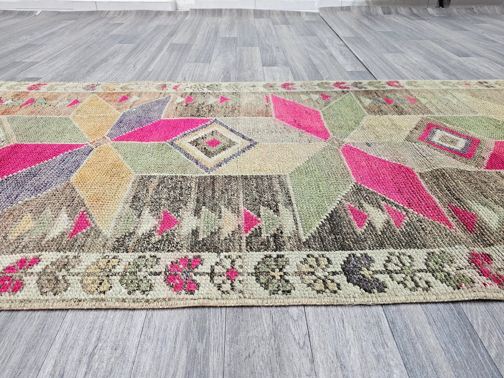 Vintage Wool Runner Rug: 3x11 Herki Turkish Hallway Rug
