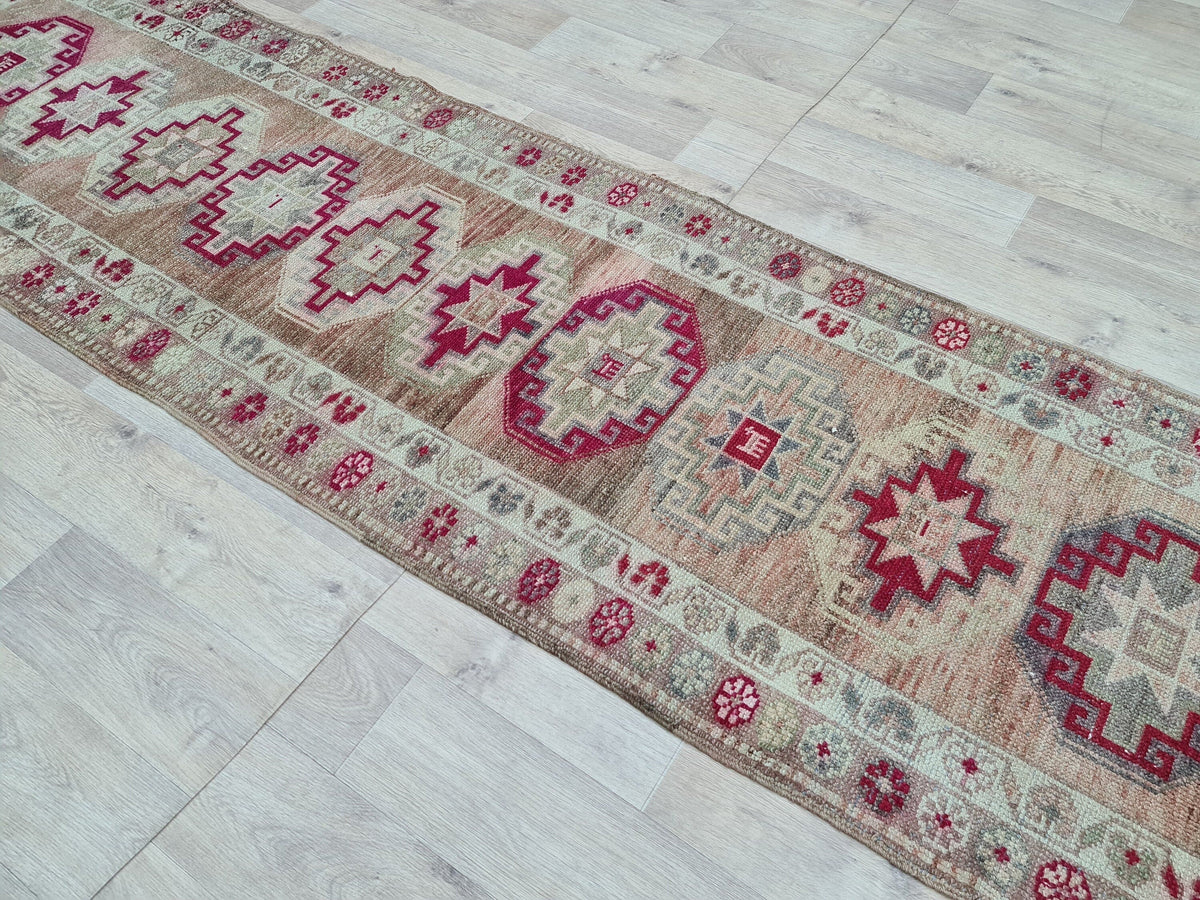 Hand Woven Wool Runner Rug: Vintage Oushak Herki Design (2.85x11.8 feet)